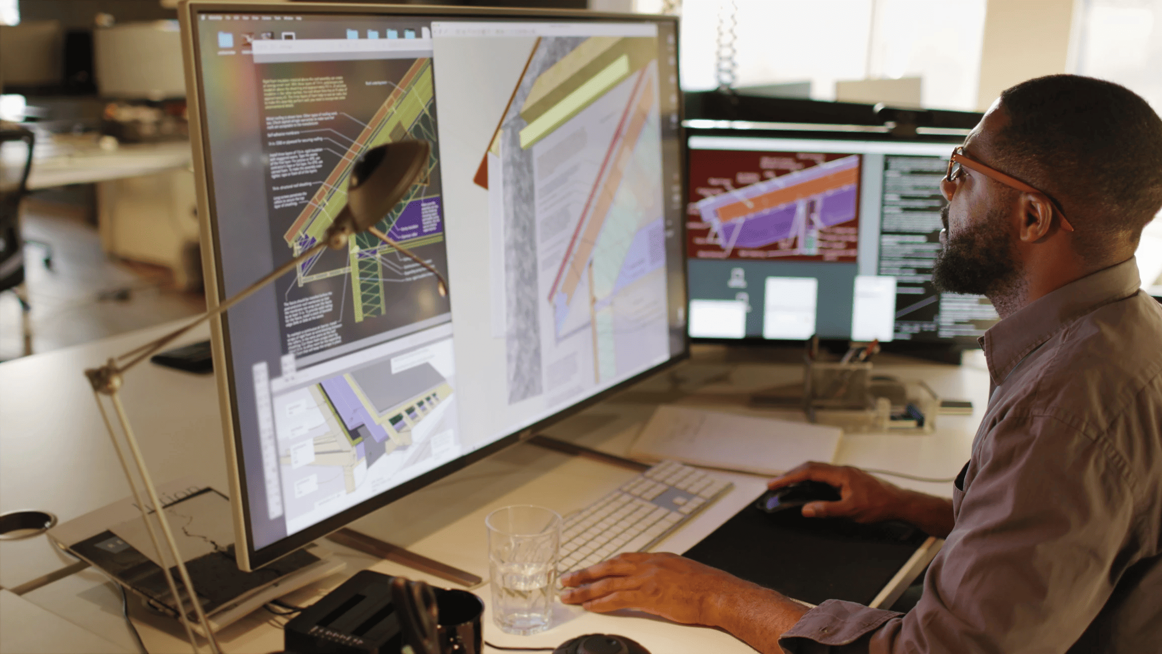 Designer reviewing building plans on dual monitors, representing how home builders rely on real time digital communication to support clients.